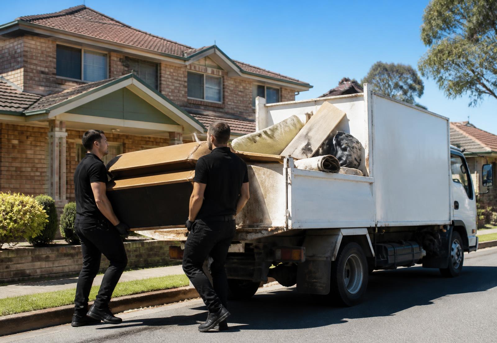TBZ Junk Removal team loading old furniture and rubbish into a truck at a Newcastle home